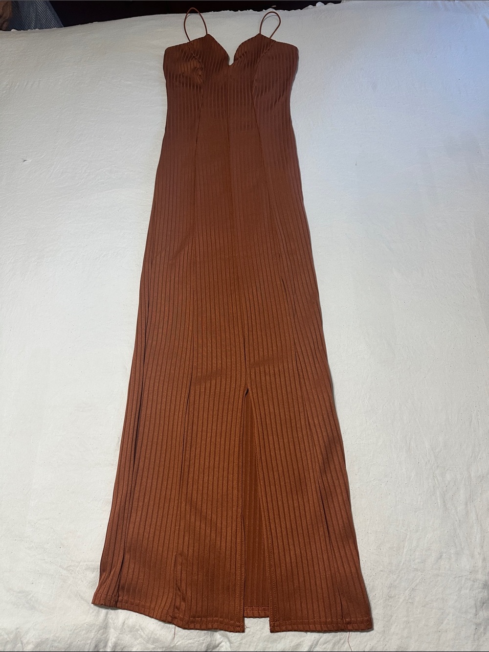 PrettyLittleThing Rust Brown Ribbed Maxi Dress